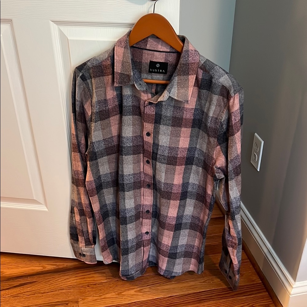 Casual Pink and Gray Plaid Button Down Shirt